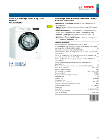 Product information | Bosch WAN28209FF Lave linge hublot Product fiche | Fixfr
