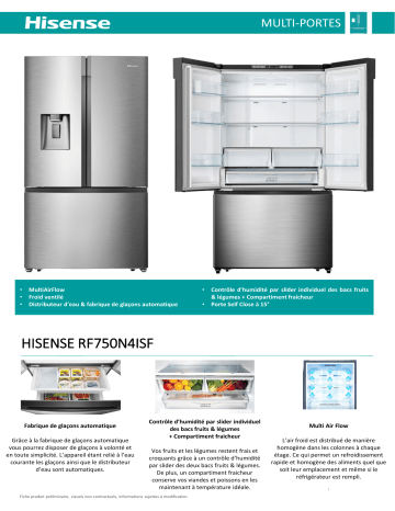Product information | Hisense RF750N4ISF Réfrigérateur multi portes Product fiche | Fixfr