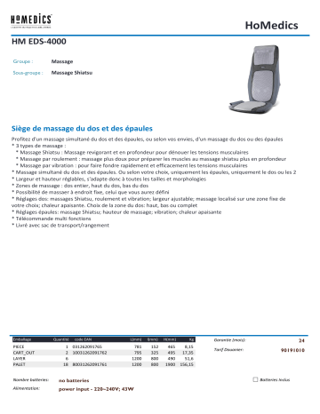Product information | Homedics EDS-4000 Siège massant Product fiche | Fixfr
