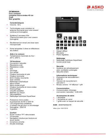 Product information | Asko OCM8464A Four encastrable Product fiche | Fixfr