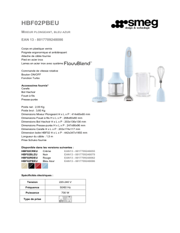 Product information | Smeg HBF02PBEU Bleu azur Mixeur Product fiche | Fixfr