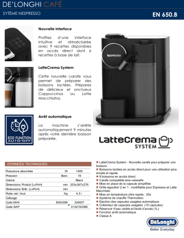 Product information | Delonghi EN650.B Gran Latissima Noir Machine à expresso Product fiche | Fixfr
