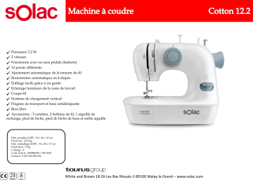 Product information | Solac SW8221 COTTON 12.2 Machine à coudre Product fiche | Fixfr