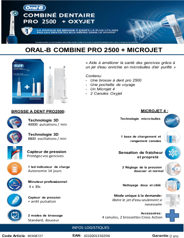 Product information | Oral-B Duokit Aquacare 4 & Pro 2500 UT Hydropulseur Product fiche | Fixfr
