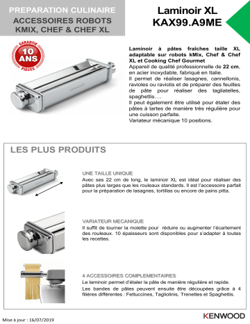 Product information | Kenwood KAX99A9ME laminoir XL Laminoir Product fiche | Fixfr