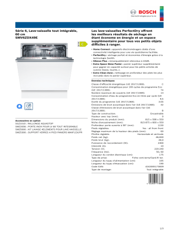 Product information | Bosch SMV6ZDX49E SERIE 6 PerfectDry Lave vaisselle tout intégrable 60 cm Product fiche | Fixfr
