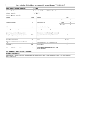 Product information | Brandt DWF128DW Lave vaisselle 60 cm Product fiche | Fixfr