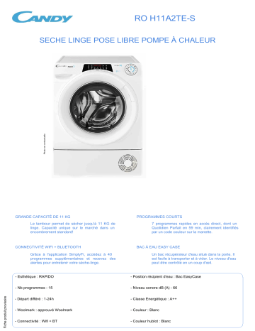 Product information | Candy RO H11A2TE-S Sèche linge pompe à chaleur Product fiche | Fixfr