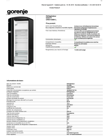 Product information | Gorenje ORB153BK-L Réfrigérateur 1 porte Product fiche | Fixfr