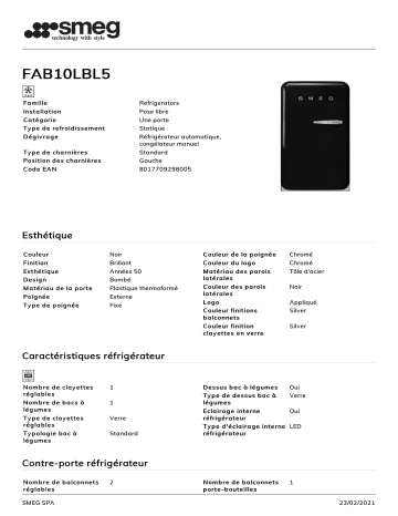 Product information | Smeg FAB10LBL5 Réfrigérateur 1 porte Product fiche | Fixfr