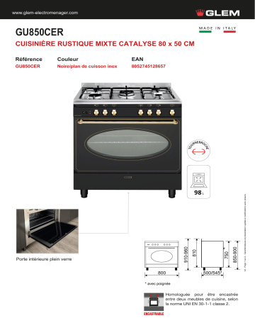 Product information | Glem GU850CER Piano de cuisson mixte Product fiche | Fixfr