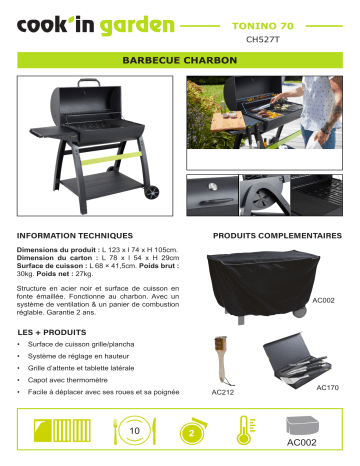 Product information | Cook'in Garden TONINO 70 Barbecue charbon Product fiche | Fixfr