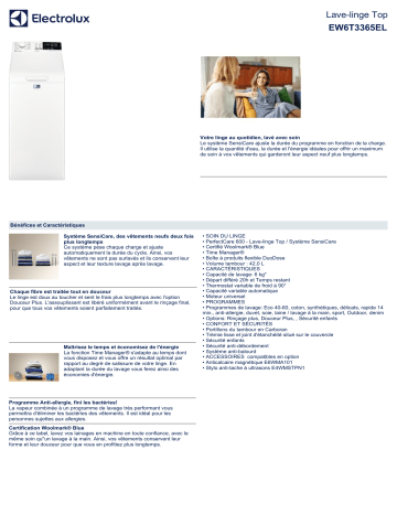 Product information | Electrolux EW6T3365EL/ Lave linge top Product fiche | Fixfr