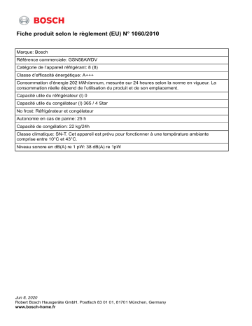 Product information | Bosch GSN58AWDV Congélateur armoire Product fiche | Fixfr