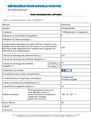 Product information | Samsung RT29K5000S9 Réfrigérateur 2 portes Product fiche | Fixfr