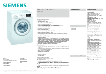 Product information | Siemens WM12N108FF Lave linge hublot Product fiche | Fixfr