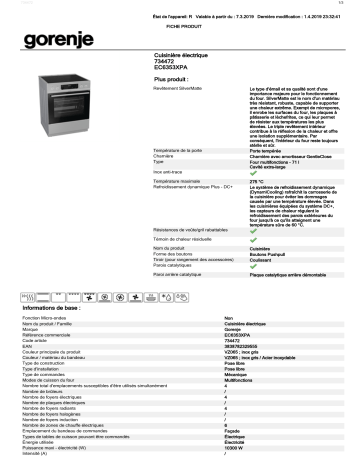 Product information | Gorenje EC6353XPA Cuisinière vitrocéramique Manuel utilisateur | Fixfr