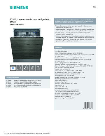 Product information | Siemens SN95EX56CE IQ500 Lave vaisselle tout intégrable 60 cm Product fiche | Fixfr