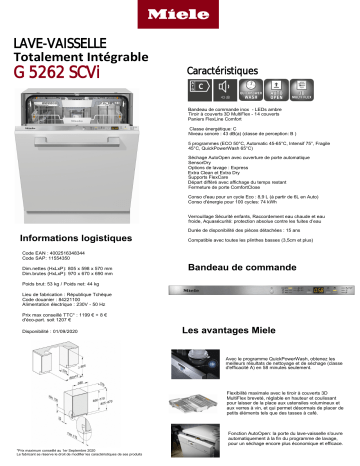 Product information | Miele G 5262 SCVi Lave vaisselle tout intégrable Product fiche | Fixfr