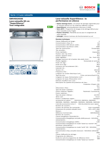 Product information | Bosch SMV45GX02E SERIE 4 Lave vaisselle tout intégrable Product fiche | Fixfr