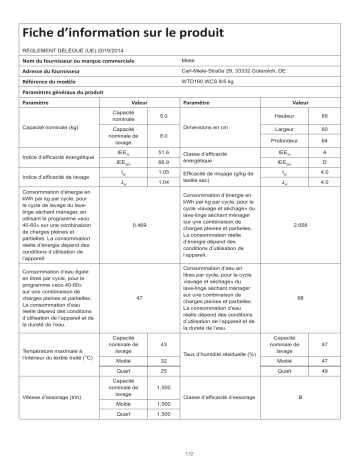 Product information | Miele WTD 160 WCS Lave linge séchant hublot Product fiche | Fixfr