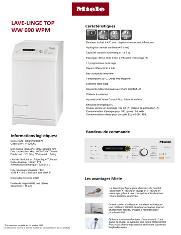 Product information | Miele WW 690 WPM Lave linge top Product fiche | Fixfr