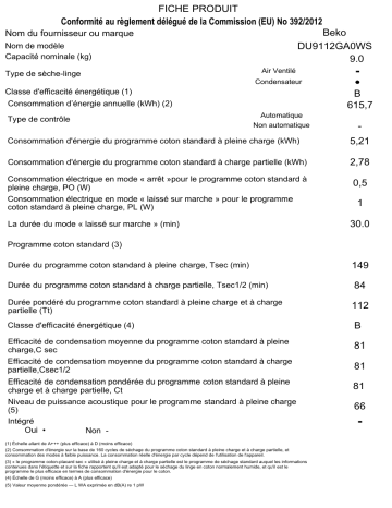 Product information | Beko DU9112GA0WS Sèche linge à condensation Product fiche | Fixfr