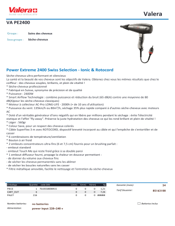 Product information | Valera Power Extreme 2400 Sèche cheveux Product fiche | Fixfr