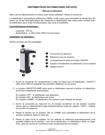 Manuel du propriétaire | Orium automatique savon ou gel hydroalcoolique Distributeur de gel hydroalcoolique Owner's Manual | Fixfr