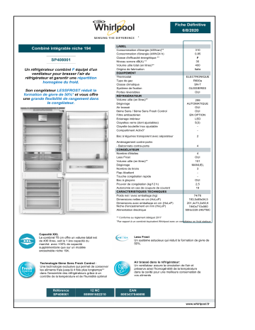 Product information | Whirlpool SP408001 Réfrigérateur combiné encastrable Product fiche | Fixfr