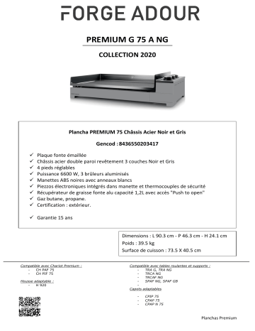 Product information | Forge Adour Premium Acier 75 NG Plancha gaz Product fiche | Fixfr