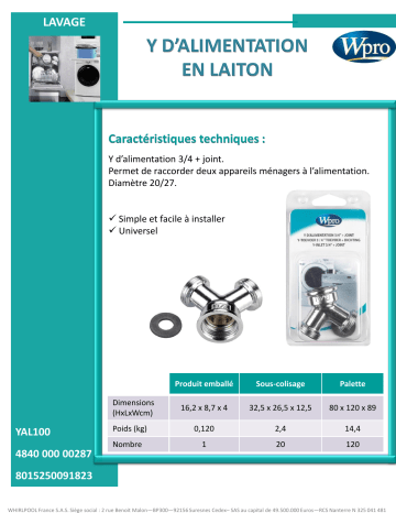 Product information | Wpro Y d'Alimentation Laiton Y d'alimentation d'eau Product fiche | Fixfr