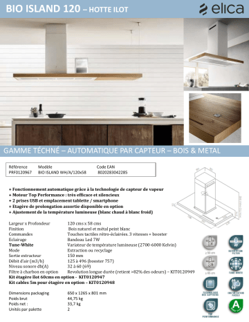 Product information | Elica BIO ISLAND WH/A/120*58 ROVERE Hotte décorative îlot Product fiche | Fixfr