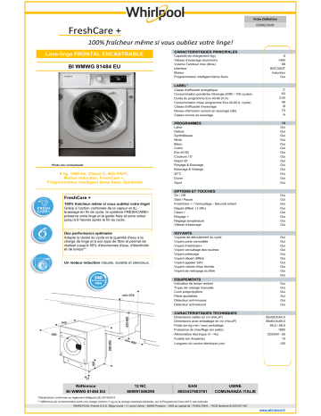 Product information | Whirlpool BIWMWG81484EU Lave linge hublot encastrable Product fiche | Fixfr