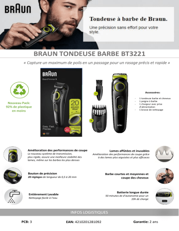 Product information | Braun BT3221 Tondeuse barbe et cheveux Product fiche | Fixfr
