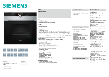 Product information | Siemens HM676G0S6 IQ700 HOME CONNECT Four encastrable Product fiche | Fixfr