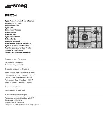 Product information | Smeg PGF75-4 Table gaz Product fiche | Fixfr