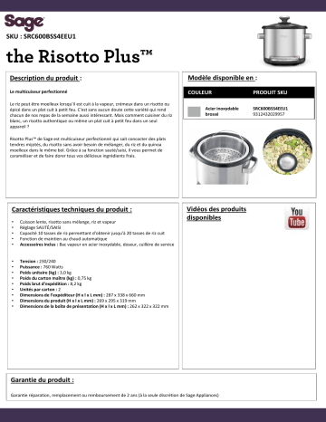 Product information | Sage Appliances Risotto Plus SRC600BSS4EEU1 Cuiseur Product fiche | Fixfr