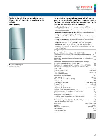 Product information | Bosch KGE58AICP Réfrigérateur 2 portes Product fiche | Fixfr
