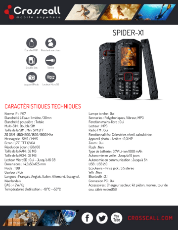 Product information | Crosscall Spider X1 Noir Téléphone portable Product fiche | Fixfr