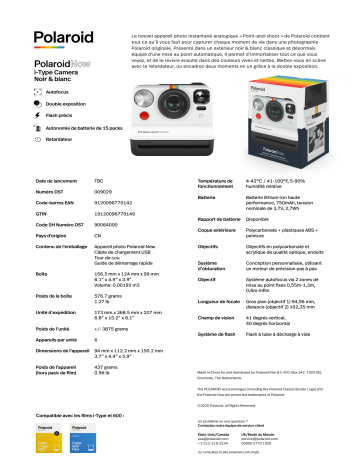 Product information | Polaroid Now Black & White Appareil photo Instantané Product fiche | Fixfr