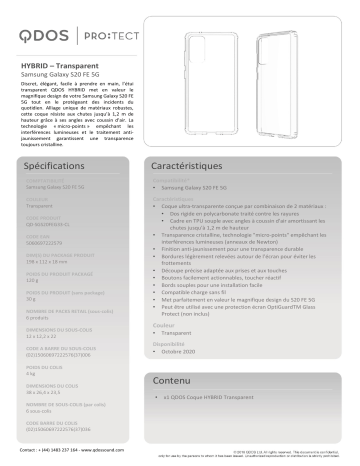 Product information | Qdos Samsung S20 FE transparent Coque Product fiche | Fixfr