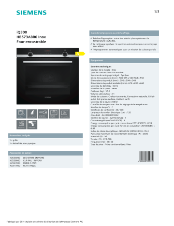 Product information | Siemens HB573ABR0 IQ300 Four encastrable Product fiche | Fixfr