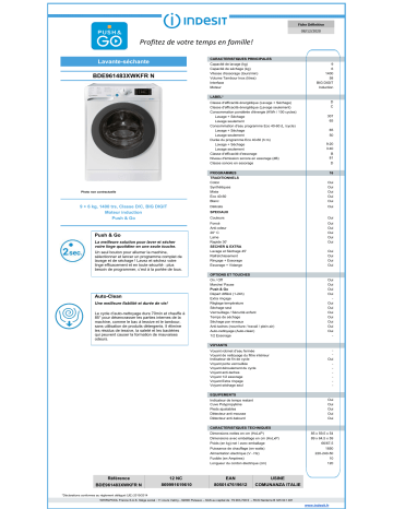 Product information | Indesit BDE961483XWKFRN Lave linge séchant hublot Product fiche | Fixfr
