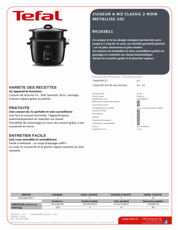 Product information | Tefal RK103811 CLASSIC 2 NOIR METALISE 10C Cuiseur à riz Product fiche | Fixfr