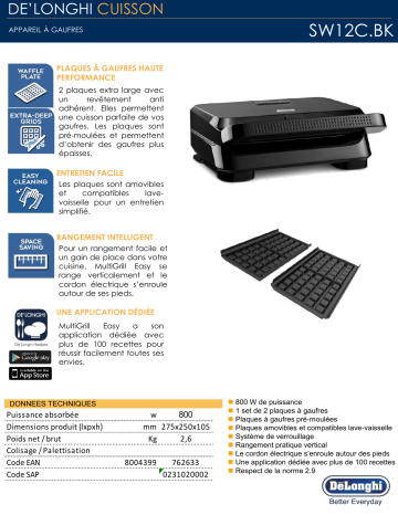 Product information | Delonghi SW12C.BK Gaufrier Product fiche | Fixfr