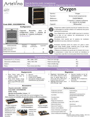 Product information | Artevino Oxygen OXPMT98NVD Cave à vin de service Product fiche | Fixfr