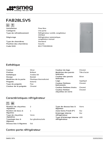 Product information | Smeg FAB28LSV5 Réfrigérateur 1 porte Product fiche | Fixfr