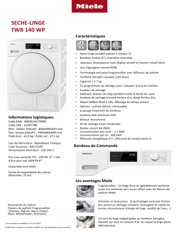 Product information | Miele TWB 140 WP Sèche linge pompe à chaleur Product fiche | Fixfr