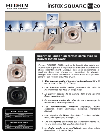 Instax Square SQ20 Beige | Product information | Fujifilm Instax Square SQ20 Noir Appareil photo Instantané Product fiche | Fixfr